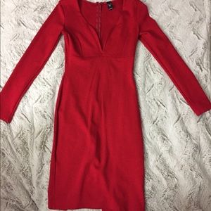Red, deep neck, long sleeve dress
